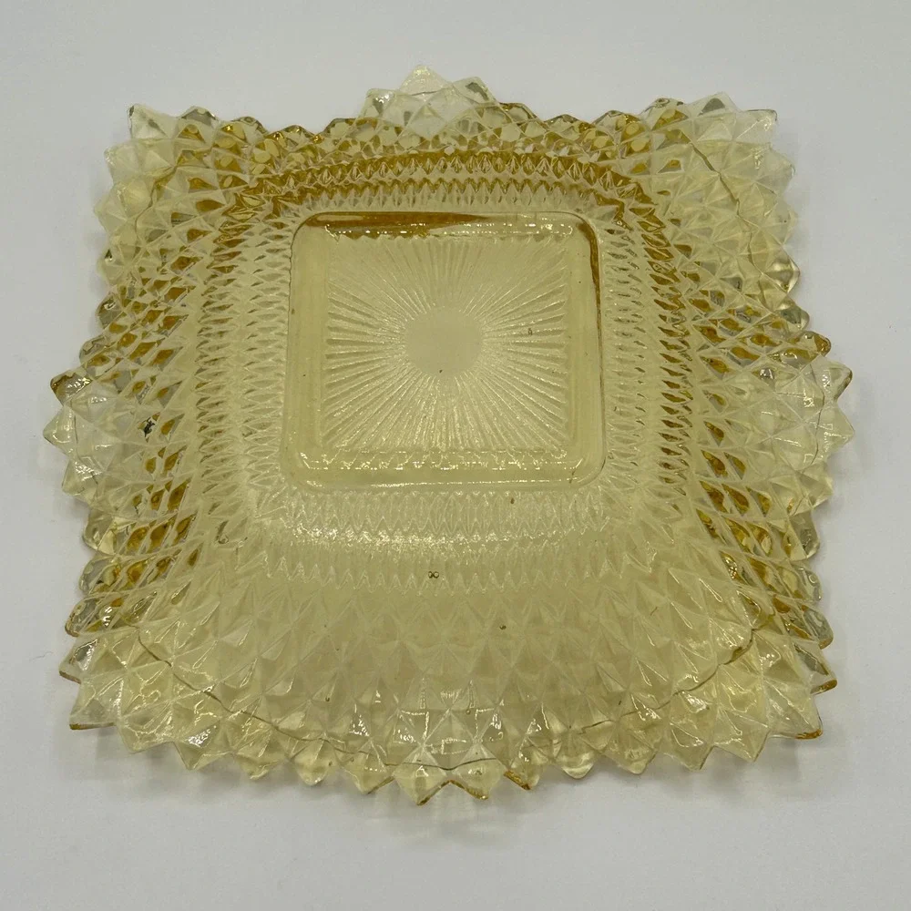 Vintage Mid Century Yellow Diamond Point Square Pressed Glass Candy Trinket Dish